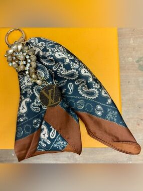 Louis Vuitton Monogram Scarf, Vintage Rhinestone Brooch Bag Charm 9 inches